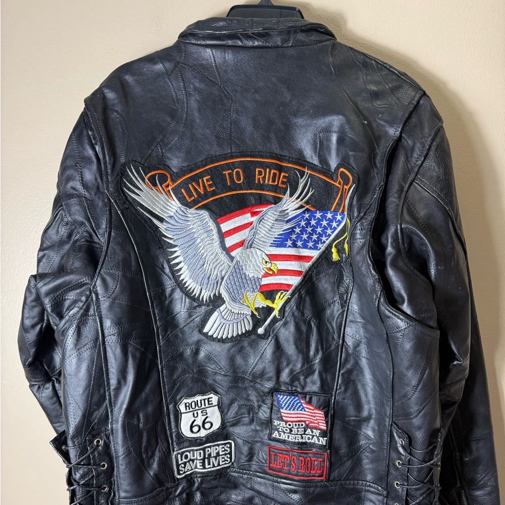 Diamond‎ Plate Buffalo Leather Biker Jacket XL Live To Ride Route 66 Patches Y2K